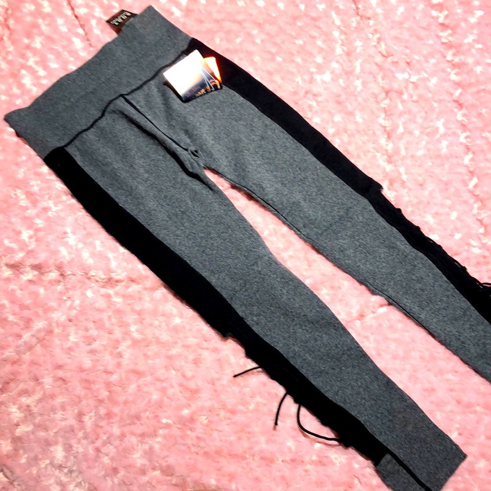 💖New Soho Girls grey &black body shaping leggings w lace up leg detail SZ L/XL